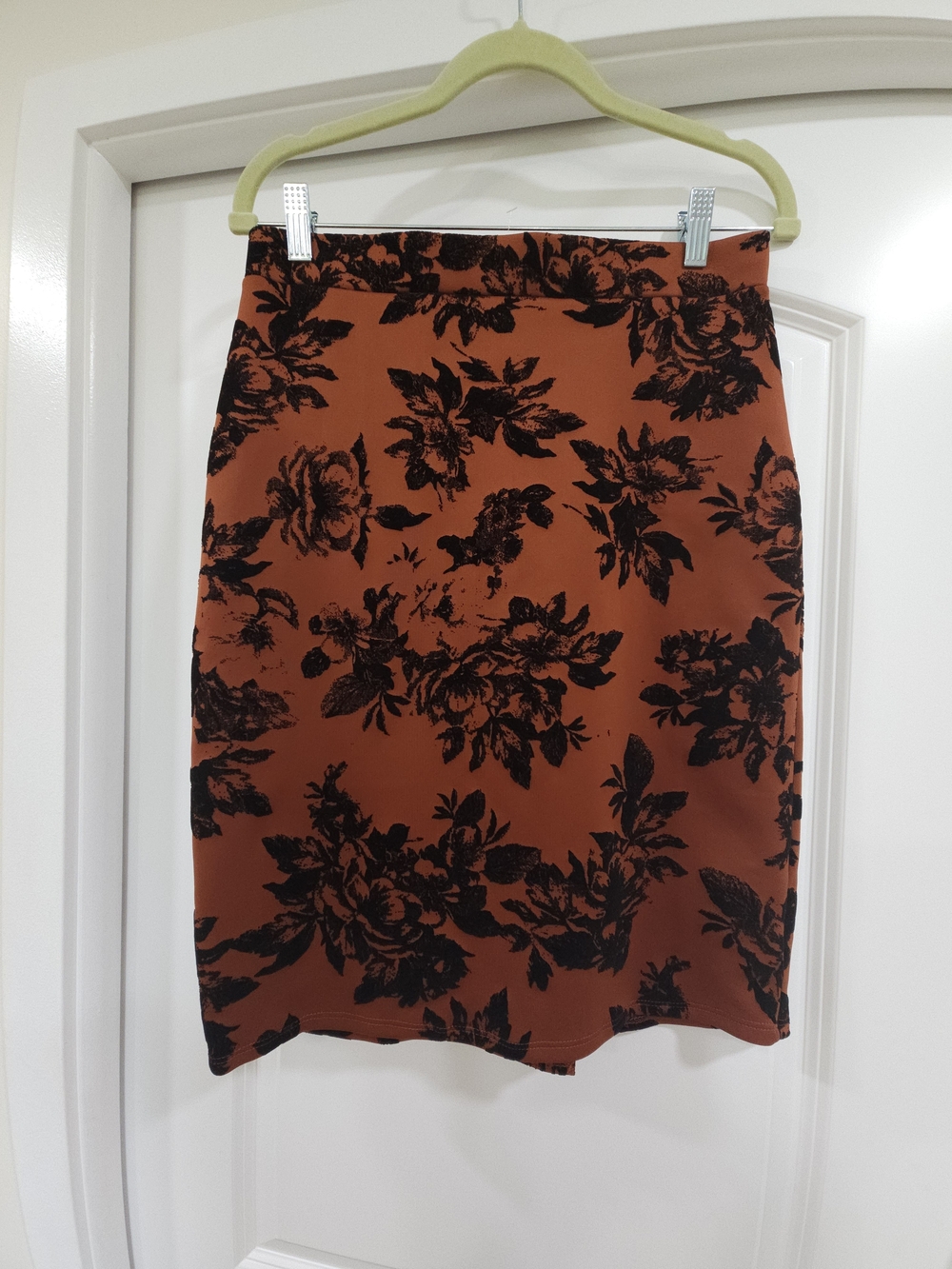 Faith and Joy Rust Orange Pencil Skirt with Black Floral Print